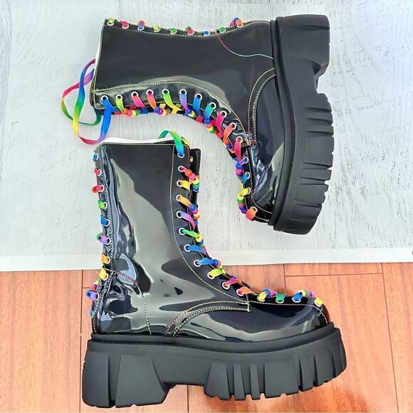 NIB Club Exx rainbow Neon festival beaded pride combat boots Sz 8 sold out - Picture 7 of 8